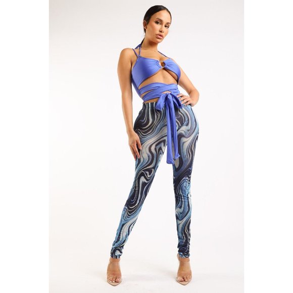 Women's Strappy Top and Print Mesh Leggings Set O Ring 2 Piece Outfits Clubwear - Picture 3 of 11
